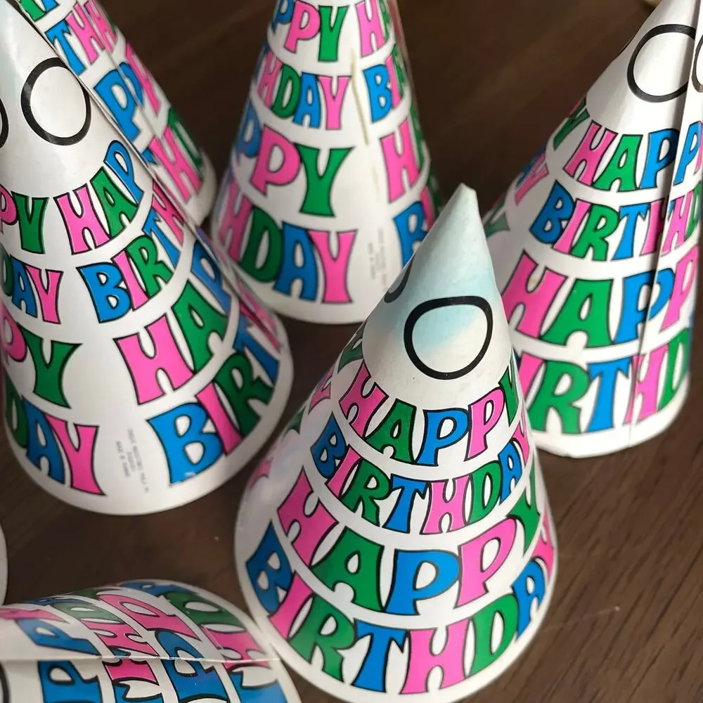Vintage Birthday Party Hat Lot of 8 Paper 1980's Neon Happy Birthday CRAFT READ!